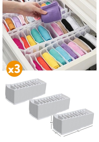 Esti 3 Adet - 11 Gözlü Çekmece Içi Akordiyon Organizer - Small 11 X 41 X 12 Gri - Beyaz