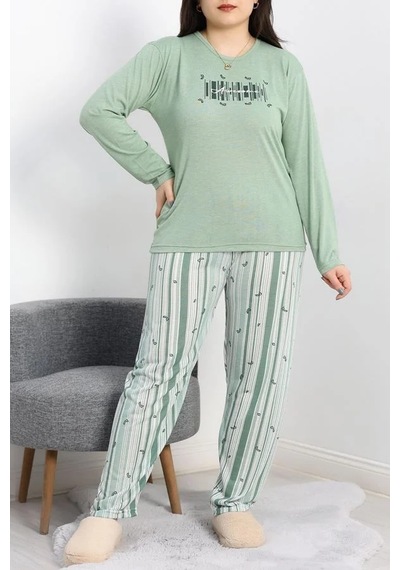 Seka Store Seka Viskon Büyük Beden Pijama Takımı Yeşil - 50727.1049. Çok Renkli