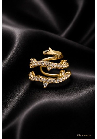 Gold Sıralı Taşlı Çelik Kıkırdak Küpe Earcuff Altın