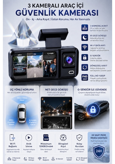 3 Kameralı Araç İçi Kamera Full HD 1080P Ön Arka İç Kamera IR Gece Görüşü G-Sensör Dashcam