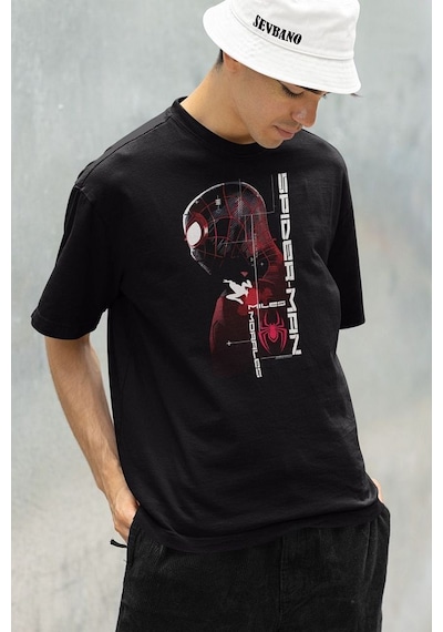 Morales Miles Spider-man Baskılı Unisex Oversize Marvel Tişört Siyah