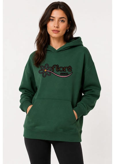 Herkesemoda Flore, Baskılı Kapüşonlu 2 İplik Şardonlu Sweatshirt Yeşil