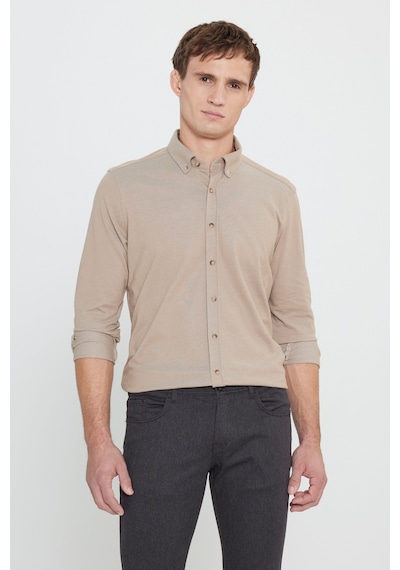 Ac&co Erkek Vızon Pamuklu Örme Slim Fit Dar Kesim Düğmeli Yaka Gömlek Vizon