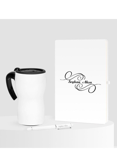 Kişiye Özel Isimli Beyaz Defter Kalem Termos Mug Seti - 3