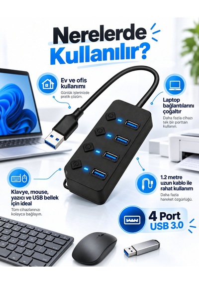 4 Port Usb 3.0 Hub 1.2 Metre Kablolu, Bağımsız Aç/kapa Tuşlu, Adaptör Destekli