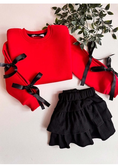 Miniko Kids Kız Çocuk Kol Detaylı Fiyonklu Etekli Takım Kırmızı
