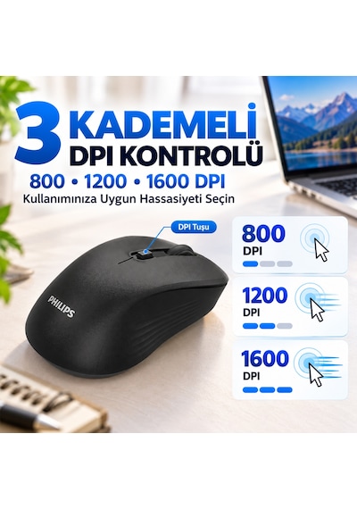 Philips SPK7538 Kablosuz Bluetooth 1600 DPI 5 Tuşlu Sessiz Mouse