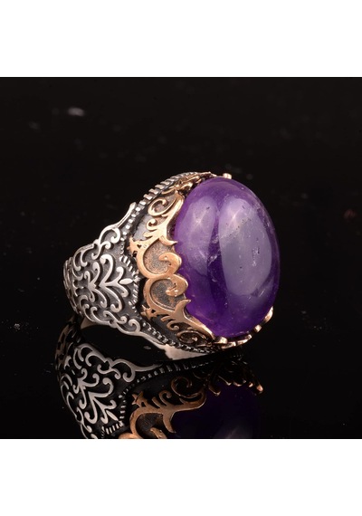 Erkekler İçin Doğal Ametist Taşlı Yüzük, 925 Ayar Gümüş El Yapımı Vintage Tarzı, Şifa Kristali Takı Gümüş