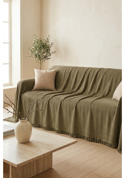 İskandinav Dokulu Pamuklu Saçaklı Koltuk Örtüsü Ve Koltuk Şalı Kaymaz Terletmez 180x300 Cm Haki