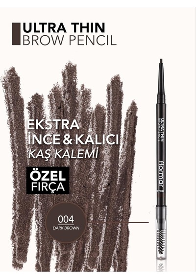Ultra Thin Fırça Başlıklı & Asansörlü Ucu İnce Kaş Kalemi 004 Dark Brown Siyah