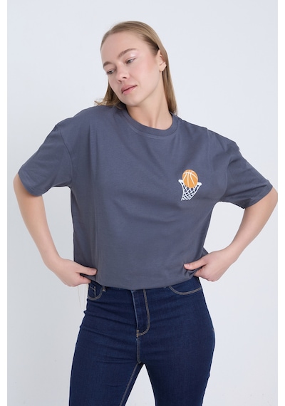 Velvoria Unisex Oversize Relaxed Basketball Baskılı Antrasit Renk T-shirt