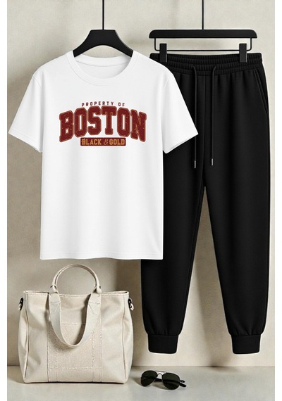 Uyguntarz Unisex Boston Tasarım Baskılı Tişört - 2'li Eşofman Takımı Beyaz
