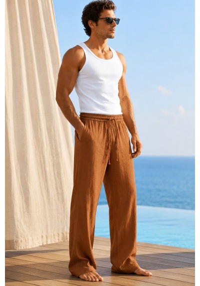 Tarz Cool Erkek Müslin Keten Karışımlı Rahat Kalıp Beli Lastikli Bağcıklı Yazlık Pantolon Tarçın Tarz Cool Erkek Müslin Keten Karışımlı Rahat Kalıp Beli Lastikli Bağcıklı Yazlık Pantolon Tarçın