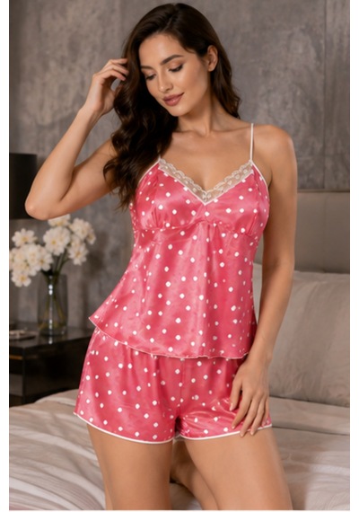 Loule Büyük Beden Pembe Puantiyeli Dantelli Saten Şortlu Pijama