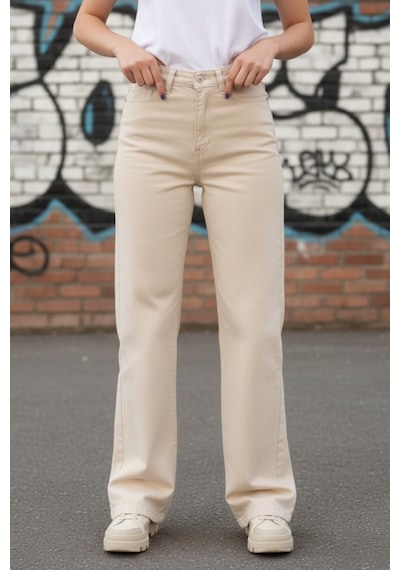 Woddi Heaven Kadın Yüksek Bel Krem Salaş Wide Leg Jeans Geniş Paça Palazzo Kot Pantolon