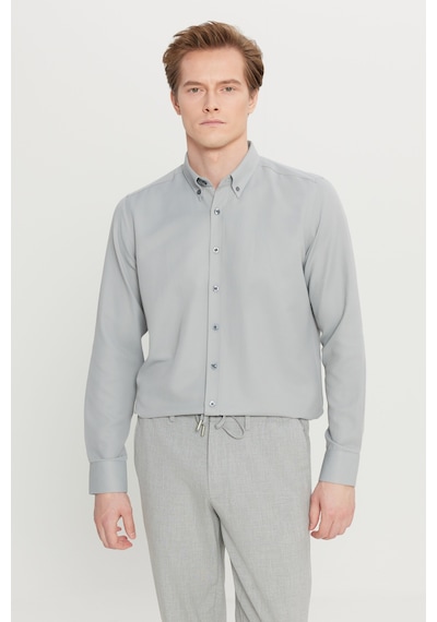 Altınyıldız Classıcs Erkek Grı Pamuklu Tailored Slim Fit Dar Kesim Düğmeli Yaka Armürlü Gömlek Gri