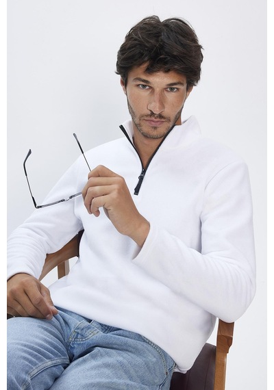 Tudors Erkek Dik Yaka Tüylenme Yapmayan Soğuk Geçirmez Standart Fit Rahat Kesim Polar Ekru Sweatshirt-30139-ekru Ekru