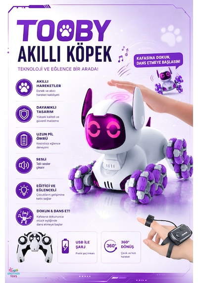 Uzaktan Kumandalı Bilek Kontrollü 8 Tekerli Akrobat Tooby Oyuncak Robot Köpek Araba 26 Cm. Tooby Mor