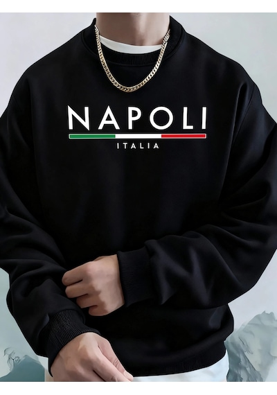 Startmore Tarzsokak Napoli İtalya Mektup Desenli Moda Kapüşonlu Üst Erkekler Sonbahar Polar Kapşonlu Kazak Rahat Siyah