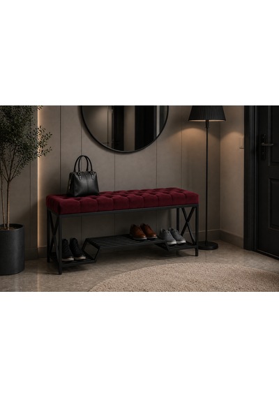 Siyah Metal Bench Ayakkabılık Bank, Kapı Girişi Puf Ayakkabılık Bordo