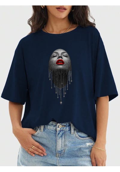 Uyguntarz Unisex Pırlantalı Kadın Portresi Tasarım Basklı Tshirt Lacivert