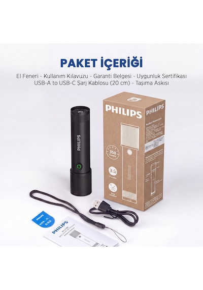 Philips Sfl2185 350 Lümen 3w Led El Feneri Teleskopik Zoom Sos Modlu Şarj Edilebilir Uzun Menzilli Flashlight Siyah