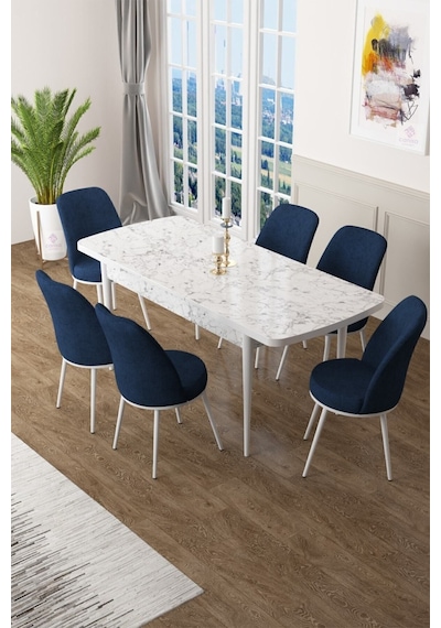 Canisa Concept Zen Serisi 80x132 Mdf Açılabilir Beyaz Mermer Desen Masa Takımı Ve 6 Lacivert Sandalye Masa Beyaz/sandalyeler Lacivert
