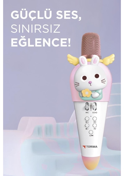 Torima KIDMIC03 Beyaz Tavşan Figürlü Şarjlı BT Karaoke Mikrofon Ve Hoparlör 5W Kablosuz Mikrofon