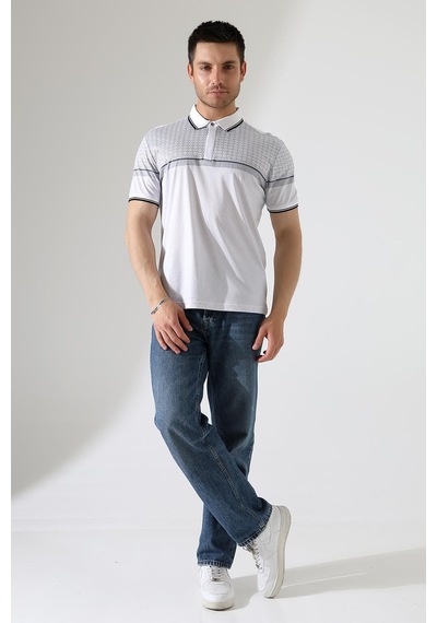 Rıbana Classıc Fermuar Detaylı Desenli Pamuklu Polo Yaka T-shirt Beyaz