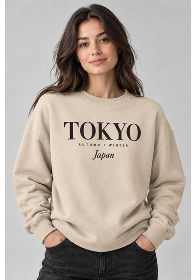 Gıovera Tokyo Şehir Yazılı Bisiklet Yaka Kadın Sweatshirt Bej
