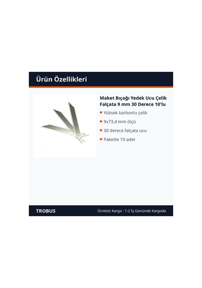 Trobus Maket Bıçağı Yedek Ucu Çelik Falçata 9 Mm 30 Derece 10'lu