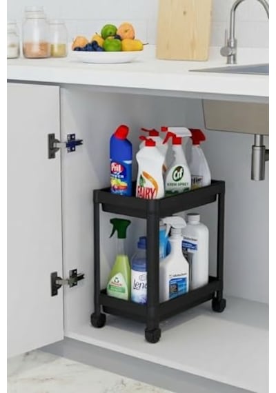 Orret Home 2 Katlı Tekerlekli Tezgah Altı Raf Organizer Düzenleyici Raf Ünitesi, Evye Altı Dolap İçi Düzenleyici, Mutfak Banyo Deterjanlık Şampuanlık Sebzelik,taşınabilir Saklama Rafı Siyah