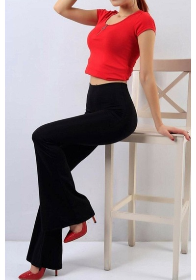 Unika Boutique Kadın Likralı Interlok İspanyol Paça Siyah Yüksek Bel Pantolon