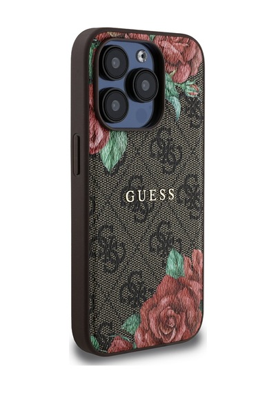 Apple Uyumlu iPhone 15 Pro Kılıf Guess Lisanslı Magsafe Şarj Özellikli Gül Baskılı Yazı Logolu Kapak Kahverengi