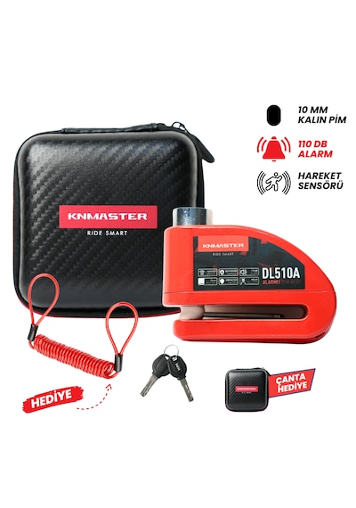 Knmaster Dl510a 10 Mm Alarmlı Disk Kilidi Hatırlatma Kablosu Ve Taşıma Çantası  Kırmızı Kırmızı
