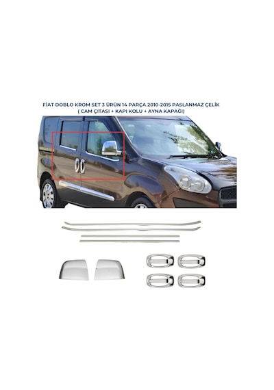 Fiat Doblo 3'lü Krom Set Cam Çıtası+kapı Kolu+ Ayna Kapağı 2010-2022 Paslanmaz Çelik