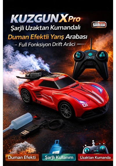 Kuzgun X Pro Kırmızı Şarjlı Uzaktan Kumandalı Duman Efektli Yarış Arabası Full Fonksiyon Drift Aracı