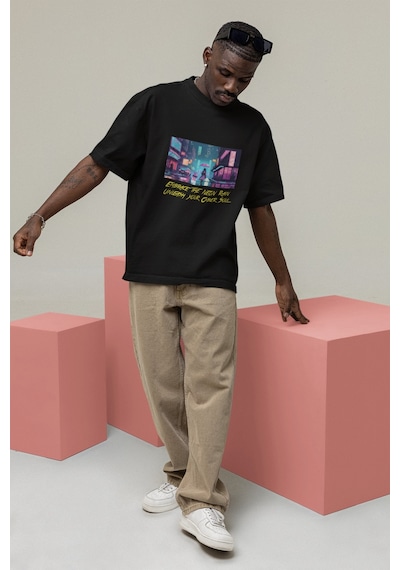 Noıssey Neon Rain- Cyberpunk Tasarımlı Unisex Oversize T-shirt Siyah
