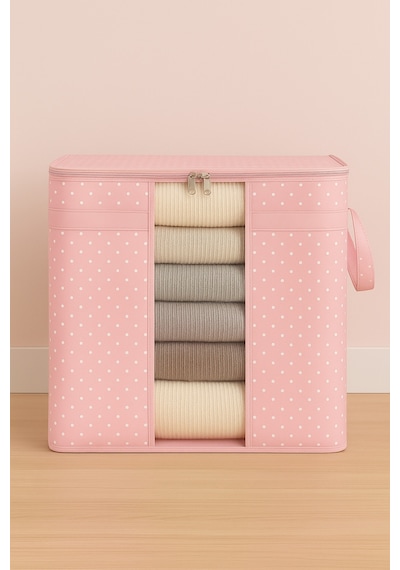 Serstil Pencereli Saklama Çantası Yorgan Battaniye Saklama Hurcu 50 X 45 X 30 Cm - Pembe Benekli Pembe Puantiye