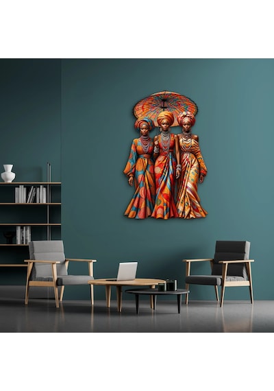 Şemsiye Altında Üç Afrikalı Kadın - Metal Tablo - Dec0272 62 X 95 Cm Çok Renkli