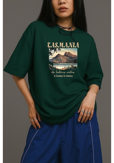 Tasmania Baskılı Unisex Oversize Tişört Yeşil