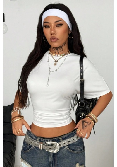 Kadın Kısa Kollu Crop Tişört Bisiklet Yaka, Slim Fit, Günlük & Şık Basic T-shirt Beyaz