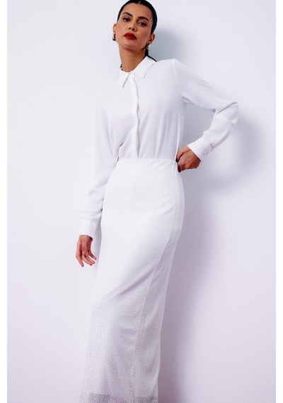 Sateen Pul Payetli Midi Etek - Ekru-135198 Ekru