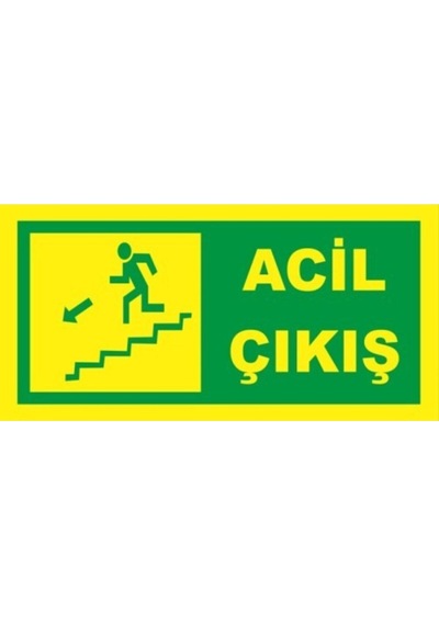 Fosforlu Fotolümen Levha Acil Çıkış Yönlendirme Sol Merdiven Aşağı Ok 12x24 Cm