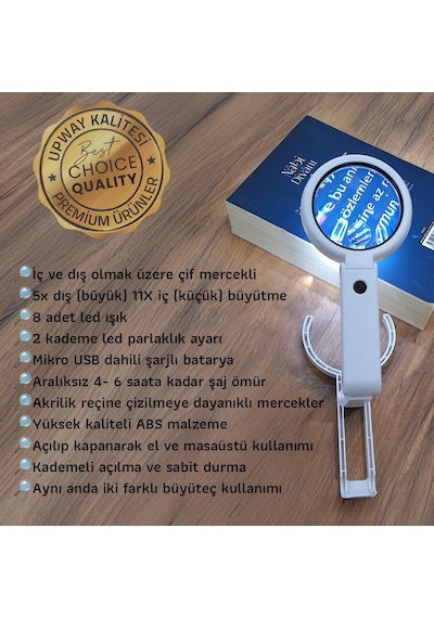 Upway 8 Led'li Şarjlı Profesyonel 5x/11x Katlanabilir Büyüteç - El Ve Masaüstü Çift Mercek Büyüteç