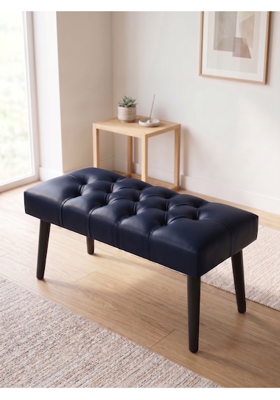 Modern Kapitoneli Lacivert Deri Kumaş Bench Puf Oturma Bankı Ahşap Siyah Ayaklı Demonte 90x45
