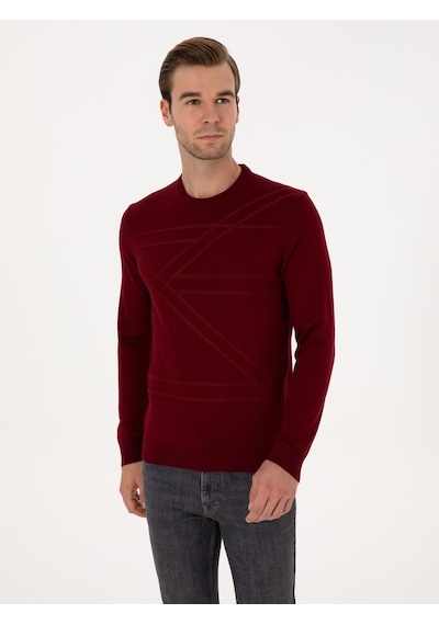 Cacharel Koyu Bordo Slim Fit Yün Karışımlı Bisiklet Yaka Triko Kazak
