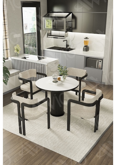 Avvio Bella Ptt Lake Mdf Ayak 4'lü Tokyo Metal Demonte Sandalye 90x90 Masa Sandalye Takımı Beyaz