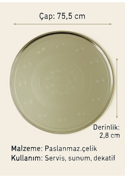 Yemek Tepsisi Çelik Yer Sofrası 75,5 Cm Paslanmaz Sunum Sinisi No:80 Gri
