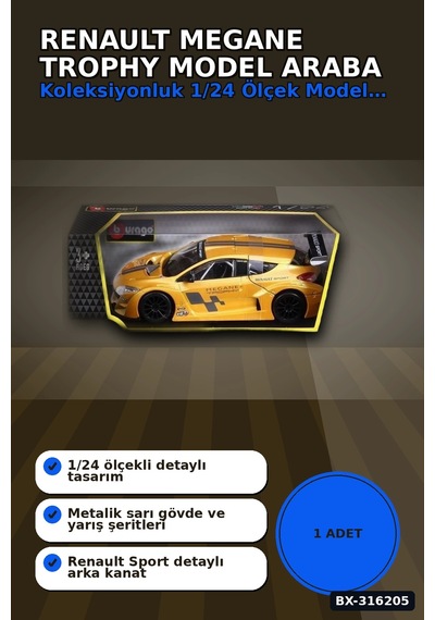 Renault Megane Trophy Model Araba 1:24 Ölçek Metal Gövde Standlı Bx-316205